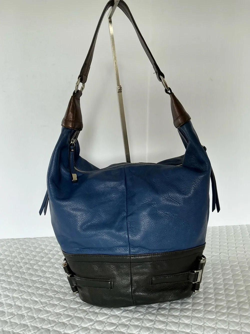 b. makowsky Blue, Black, Brown Pebble Leather Hobo Shoulder Bag